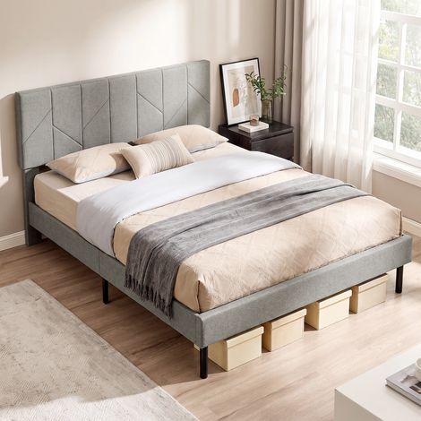 Cadre de lit double 140x190 avec sommier intégré, tête ajustable, en lin gris, coffre de rangement sous le lit. (1/5)