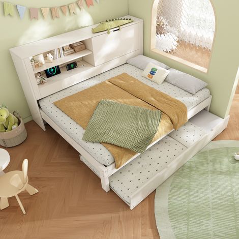Schlafsofa Doppelbett 140×190 cm mit Ausziehbett 90×190, weißes Bettgestell mit StauraumRückwand, offenes Fach, verdeckter KlappStauraum, USB/USBC Ladestation, Lattenrost, Ohne Matratze