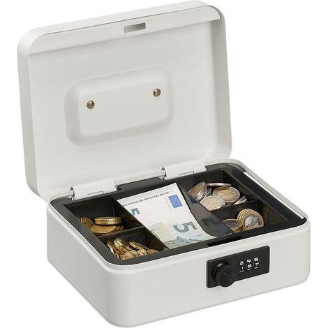 Caisse à monnaie en fer avec combinaison à 3 chiffres – 5 compartiments amovibles – Dimensions H x L x P 8,5 x 20 x 17 cm – Poignée de transport (1/5)