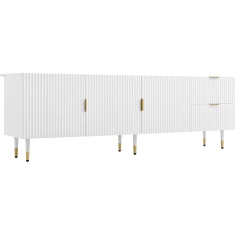 Mueble TV blanco con 3 puertas, cajones, tiradores y patas doradas, 170 x 35,5 x 55 cm (1/5)