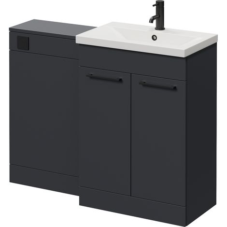 Napoli 390 Gloss Grey 1100mm 2 Door Vanity Unit Toilet Suite with Glide Basin - 1100mm - Matt Black 160mm HandleWithout Kingston Toilet Pan