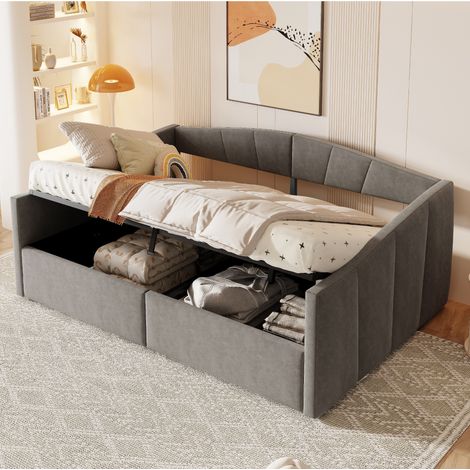 Letto divano imbottito classico 140x200 cm con contenitore idraulico, rete a doghe, braccioli e testiera in velluto grigio (1/5)