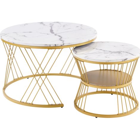 Lot de 2 tables basses gigognes rondes MDF effet marbre blanc avec structure métallique dorée (1/5)