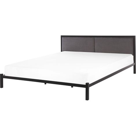 Cama de metal negra 180 x 200 cm con somier y cabecero de tela gris diseño moderno Clamart