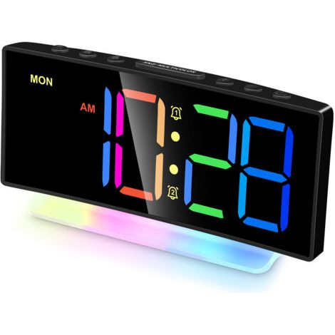 Réveil numérique incurvé à LED avec éclairage RGB, double alarme, format 12/24 heures, luminosité réglable (adaptateur non inclus) (1/4)