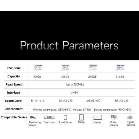 Carte TF SAMSUNG EVO Plus 128 Go U3 A2 V30, carte SD haute vitesse avec une vitesse de lecture jusqu'à 130 Mo/s pour la surveillance de la sécurité des téléphones et tablettes (1/3)