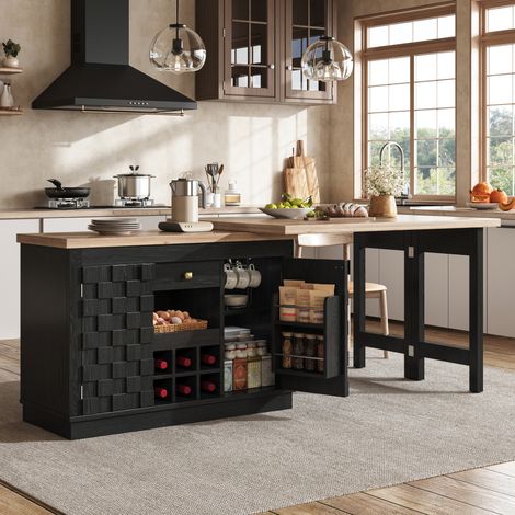 Mueble de cocina giratorio 120–197 cm con puertas patchwork, botellero extraíble, negro DESVIAE (1/5)