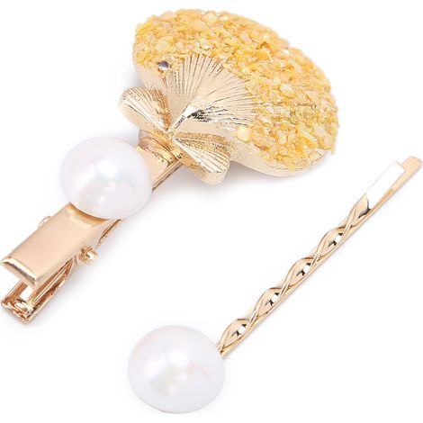 Coquillage en forme de coquille, barrette à cheveux en métal pour femmes, perle imitation, décoration exquise, cadeau jaune (1/5)
