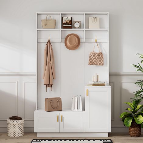 Ensemble d'entrée avec banc et étagère à chaussures, banc de rangement multifonctionnel avec 3 crochets (1/5)