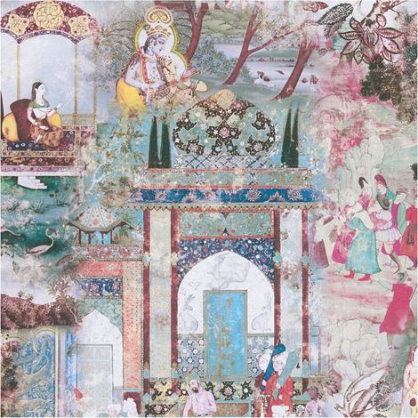 Papier peint asiatique Profhome 381743 papier peint non-tissé lisee sans texture avec des motifs d'architecture mat bleu rose vert jaune 5,33 m2 (1/5)