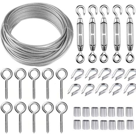 Kit de câble en acier inoxydable de 30 m/2 mm avec tendeur de câble M5 robuste, kit de câble pour clôture, kit de garde-corps à câbles, tendeurs de câble pour plantes grimpantes de jardin (1/5)