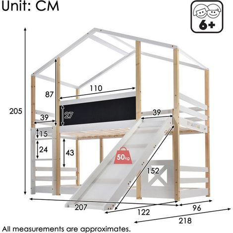 Lit superposé - 90x200 cm - Avec toboggan - Protection antichute - Bois massif blanc (1/5)