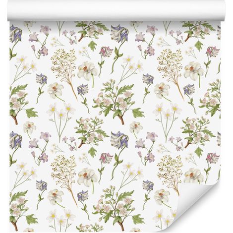 Wildblumen-Tapete, Weiß, Hellgrau, Beige und Creme, 50 x 1000 cm (1/5)