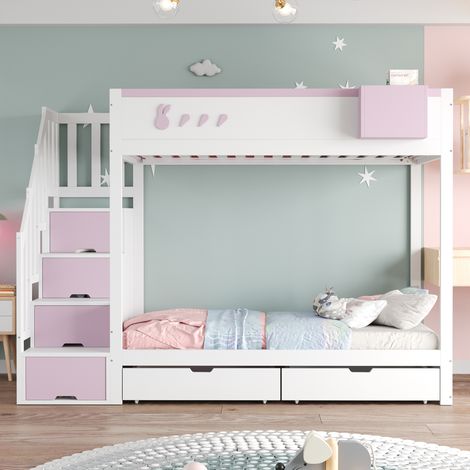 Lit superposé enfant 90 x 200 cm avec 2 tiroirs et escalier de rangement et sommier, étagère de rangement amovible Blanc + Rose (1/5)