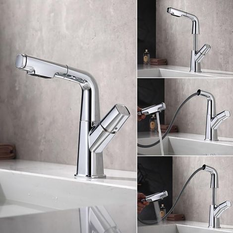 Robinet d'évier extractible, robinet rotatif chaud et froid, argent (1/4)