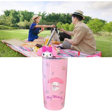 Gobelet isotherme avec couvercle et paille en acier inoxydable, motif anime mignon, rose, idéal pour le bureau, les voyages et la maison. Parfait pour le bureau, les voyages et la maison. (1/5)