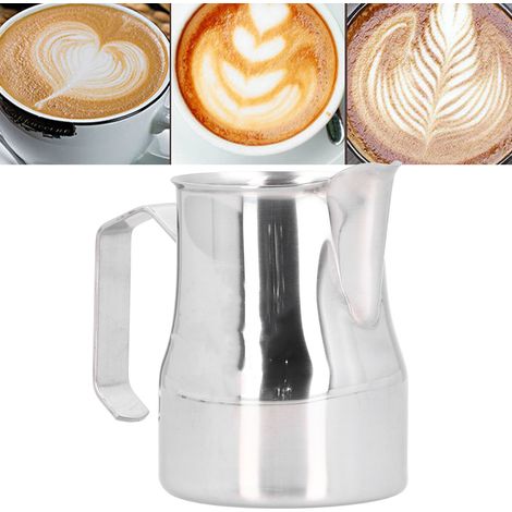 Latte-Art-Kanne aus Edelstahl im italienischen Stil, großes Fassungsvermögen, zum Zubereiten von feinen Kaffeespezialitäten und zum Aufschäumen von Milch, Naturfarbe mit Logo, 350 ml. (1/5)
