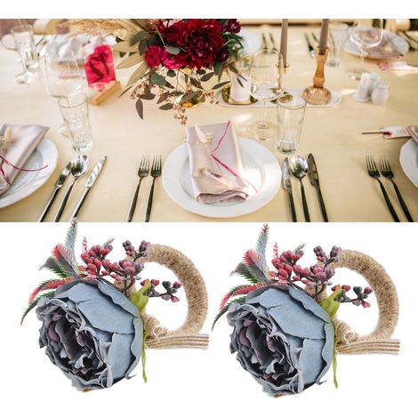 Set mit 2 kreativen Serviettenringen im Western-Stil mit Stoffschlaufen, künstlichen Blumenverzierungen, Serviettenringe mit Waldmotiv für Hotels, nebelblau (1/5)
