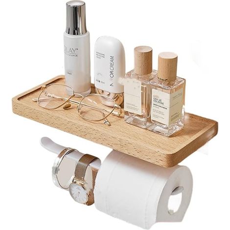 White Toilet Roll Holder Self Adhesive With Bamboo Shelf No Drill 2 in 1 Toilet Paper Holder With Drilling Wall Mounted Toilet Roll Holder (1/2)