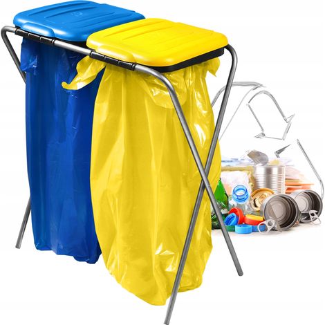 KADAX Portasacco per Spazzatura per Interni ed Esterni, Pratico Supporto per Sacchi della Riciclaggio con Capacità di 120L (Doppio: Giallo e Blu) (1/5)