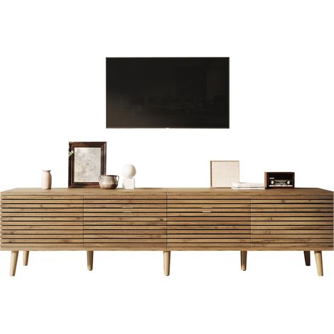 Meuble TV pour téléviseur jusqu’à 75 pouces, 4 portes ajourées, 6 compartiments, passe-câbles, fermeture douce, style bois clair, 180x40x46 cm – CHICFURN (1/5)