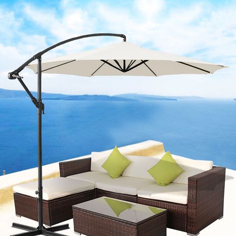 Greenbay 3m Garden Banana Parasol Patio Sun Shade Shelter Crank Hanging Rattan Cantilever Umbrella Cream (1/5)