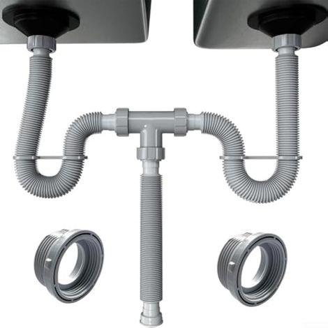 Kit de vidange double réglable pour évier, tuyau d'évacuation flexible, avec siphon en P et joints en silicone pour une installation sécurisée dans n'importe quel espace. (1/4)