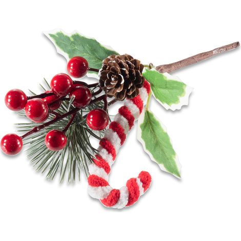 Mazzolini di Natale pick con aghi di pino, bastoncino di zucchero, bacche rosse e pigna, set da 24 pezzi, cm 10 H (con gambo 17)