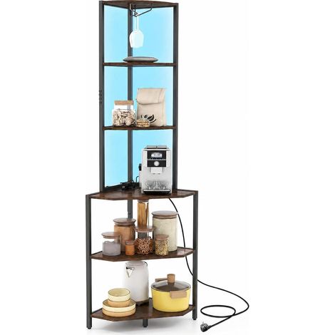 COSTWAY Étagère d'angle à 6 Niveaux avec Éclairage LED, Marron Rustique (1/4)