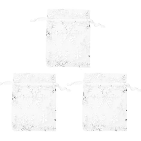 300 bolsitas de organza con cordón para regalos de boda, ideales para joyas, con estampado de copos de nieve en blanco y plateado. Bolsas transparentes para recuerdos de fiesta.