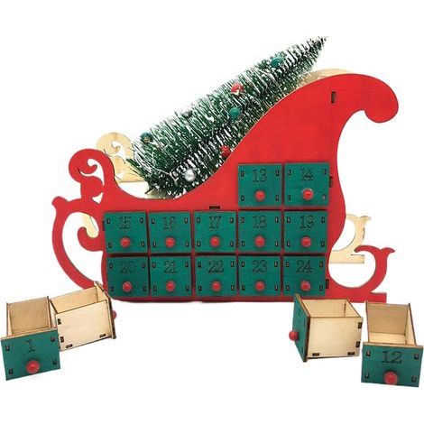 Calendrier de l'Avent de Noël (rouge/Couleur du bois), ,Calendrier de l'Avent en bois en forme de luge avec sapin de Noël et 24 tiroirs vides Calendrier de compte à rebours de Noël,calendrier de compt (1/5)