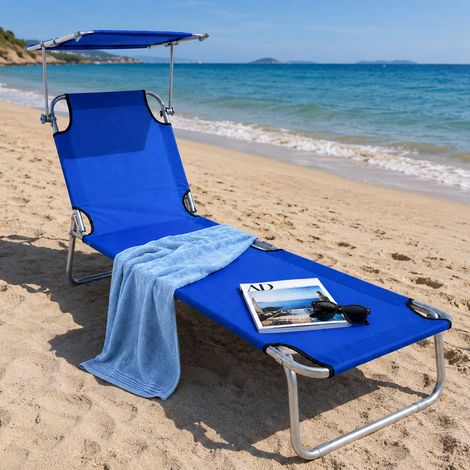 Lettino Mare Pieghevole Leggero con Tettuccio Parasole Regolabile Blu