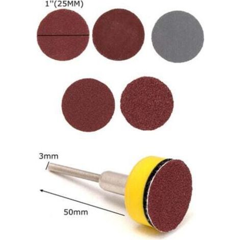 Confezione da 100 dischi abrasivi rotondi da 25 mm, carta vetrata autoadesiva con grane 100, 180, 240, 1500 e 3000, con platorello per levigatura e lucidatura.