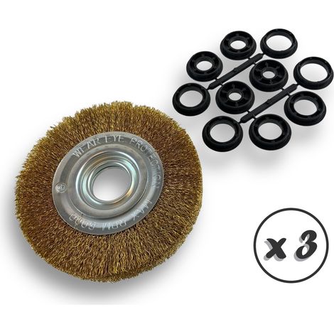 Lot de 3 brosses circulaires LAITON Ø 150 mm Epaisseur 2 rangs Fil dur 0.30 mm ondulé Alésage 32 mm + réducteur bague 25/22/20/16/12 mm Touret affûteuse ponceuse Kibros 235152LTx3