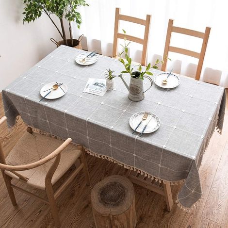 Nappe anti-poussière Splice, nappe rectangulaire à pompons, nappe pour la décoration de la table de cuisine et de la table basse, (140260cm, à carreaux gris) (1/3)