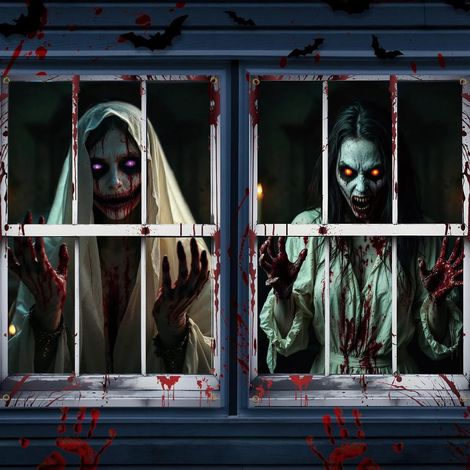 Décorations d'Halloween pour fenêtres : rideaux, guirlandes, fanions pour une fête d'Halloween en extérieur (2 pièces) - 80 x 120 cm - NG-1