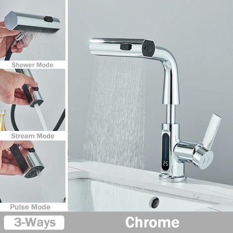 WASCHTISCHARMATUR Digitalanzeige, Herausziehen 3-Wege-Düse Niederschlag Stream,  Chrom