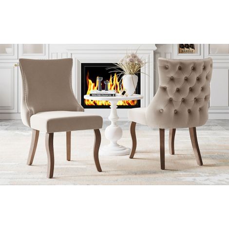 Chaises de salle à manger (lot de 2) — Assises rembourrées avec finition cloutée et revêtement en velours, dotées de pieds courbes en bois massif — Beige (1/4)
