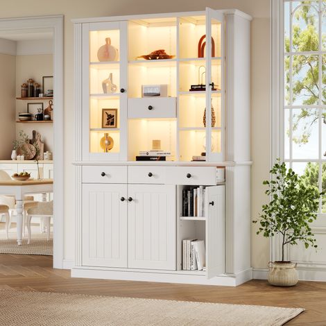 Vitrine haute de salon 119,5 x 40 x 180 cm en MDF blanc avec 4 tiroirs, 5 portes, 21 niches et LED (1/5)