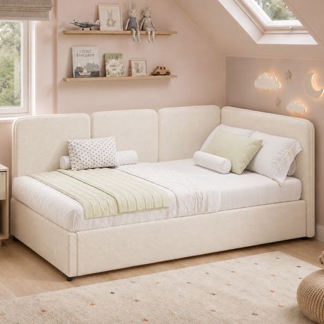 Lit Coffre Banquette Réversible 90x200 cm avec Rangement Hydraulique, Bouclé, Beige (1/5)