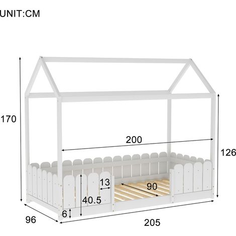 Lit cabane enfant 90 x 200 cm - Bois pin massif Blanc - Sommier inclus - Style scandinave (1/5)