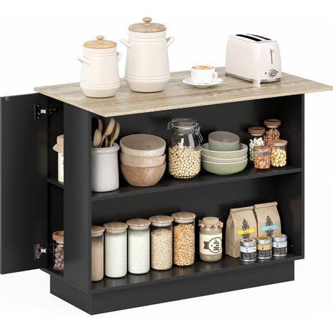 Kücheninsel-Servierwagen mit verstellbarem Einlegeboden, 2 offenen Fächern, 2 Schränken, Arbeitsplatte in Holzoptik, 105 x 60 cm, schwarz