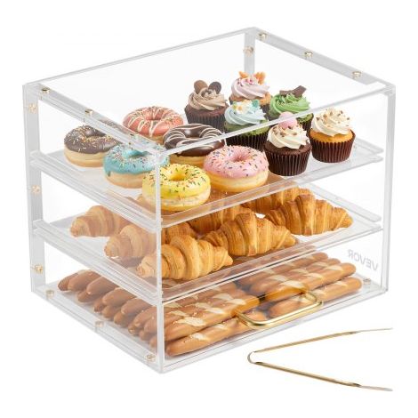 Vitrina de Exhibición de Panadería 3 Niveles, Vitrina de Acrílica Transparente para Panadería 33 x 26 x 26 cm, con Puerta Abatible, Escaparate para Repostería, para Galletas, Postres, Donas (1/5)