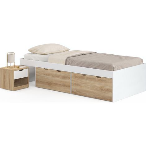 Einzelbett "EDOUARD" mit Nachttisch und 2 Schubladen auf Rollen sowie Lattenrost, 90 x 190 cm, weiß und Buche (1/5)