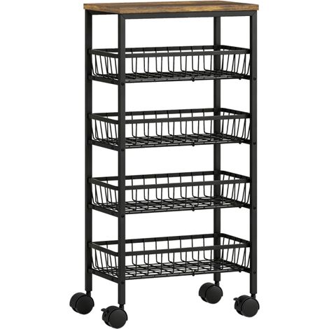 Desserte de Cuisine à Roulettes 4 Niveaux Chariot de Rangement Étroit 4 Paniers Coulissants Métal Noir Effet Bois 40x24x81,5 cm (1/5)