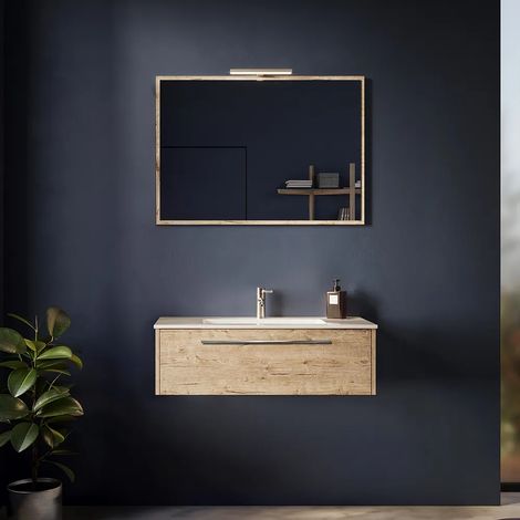 Mobile da Bagno Sospeso 100cm Rovere Naturale un Cassetto soft-close con Lavabo Incluso e Specchio Inclusi Mod. Aoki (1/2)