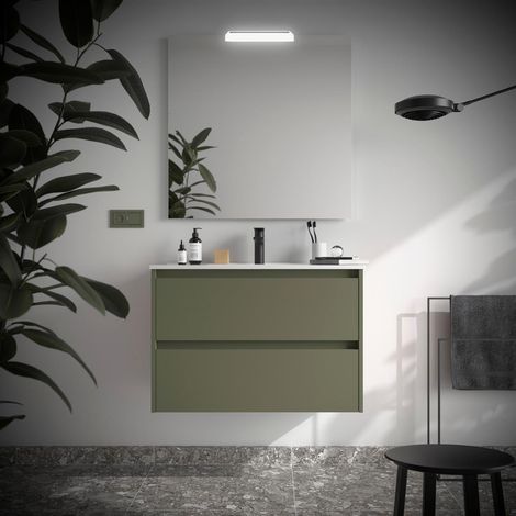 Meubles de salle de bain NOJA 800 2 tiroirs GREEN SATIN + plan vasque + miroir (1/2)