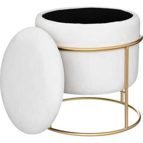 Atmosphera – Pouf coffre en velours ivoire D 42 cm H 44 cm – Rangement pratique avec structure en MDF et support en métal – Design élégant pour intérieur