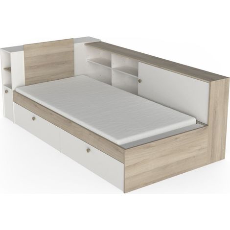 Lit enfant LIFE 1 personne - 90X190/200 - Rangements - Décor Chene et blanc - DEMEYERE - Fabriqué en France (1/5)