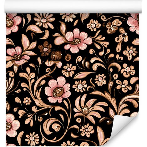 Papier peint Fleurs magnifiques, rouille, orange et noir, pour salon et chambre, 50 x 1000 (1/5)